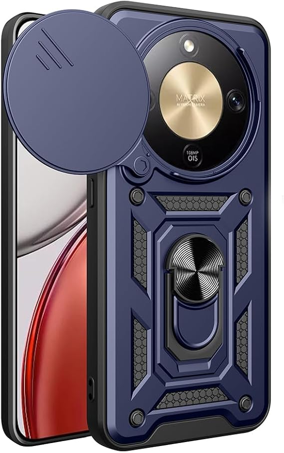 Aksesuarcim Honor Magic 8 Lite ile Uyumlu Kılıfı Silikon Stand Yüzüklü Araç Tutucu Mıknatıslı Darbe ve Kamera Korumalı Tank Sürgülü Kapak Lacivert