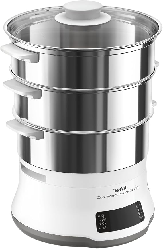 Tefal Convenient Series Deluxe Steamer, Simple Touch Screen, 8 Programmes, Cooking on 3 Levels, Stainless Steel Container, Durable Quality, Healthy Preparation, Stainless Steel/White, VC502D