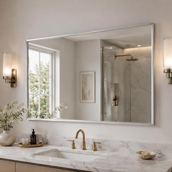 BEAUTYPEAK Wall Mirror 30" x 55" Rectangular Bathroom Mirror with Metal Frame, Hangs Horizontal or Vertical for Living Room Bedroom Bathroom Entryway, Sliver