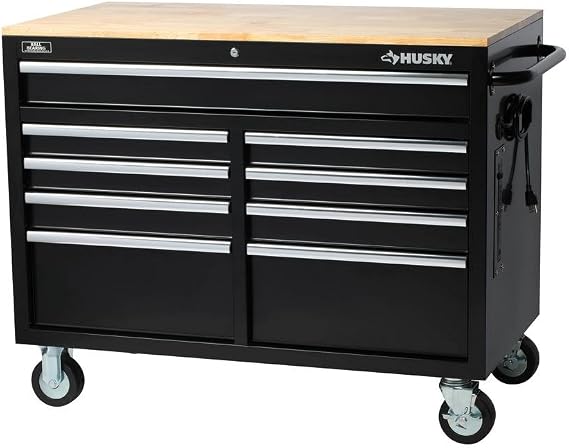 HuskyTools Workbench, Extra Deep 46 in. 9-Drawer Mobile, Wood, Black, 200 lb Load Capacity