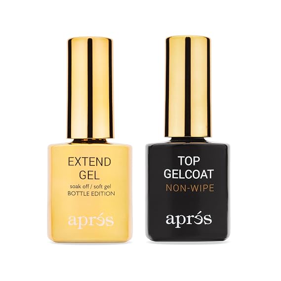 APRES Gel-X Essentials Bundle | Extend Gel Gold Bottle 15mL and Non-Wipe Glossy Top Gelcoat 15mL | Hema & TPO-Free, High-Shine, Soak-Off System