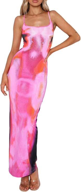 Womens Summer Casual Floral Dresses Spaghetti Strap Bodycon Maxi Beach Dress,Pink,Medium