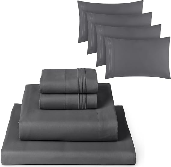 Mellanni 4PC Bed Sheet Set + 4 Pillowcases Bundle&Save - Iconic Collection Bedding - Bundle Includes: 1 Flat Sheets, 1 Fitted Sheet and 6 Pillow Cases (King, Gray)