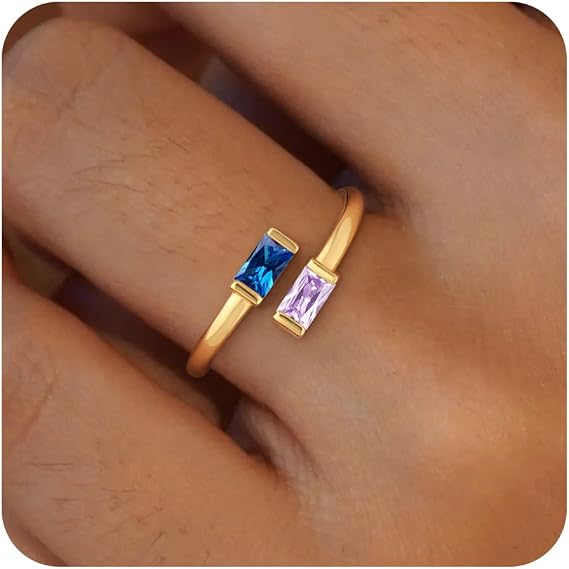 Honsny ゴールド誕生石リング 女性用 無変色 14K 金メッキ 調節可能なエメラルドリング キュービックジルコニア 宝石 プロミスリング 婚約 パーソナライズ 防水 ジュエリー ギフト 誕生日