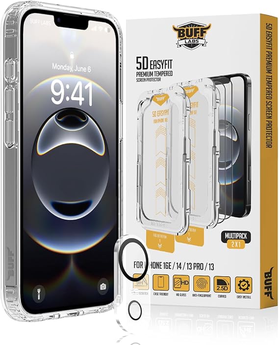 Buff iPhone Avantaj Paket - Şeffaf Hybrid Kılıf + Easyfit 5D Ekran Koruyucu + Lens Koruyucu (Şeffaf (5D Glass), iPhone 16e)