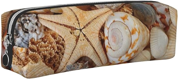 Seashell Landscape On The Beach Printed Leather Pencil Case with Silver Zipper - Simple and Lightweight Organizer for School, Office, Travel, Makeup