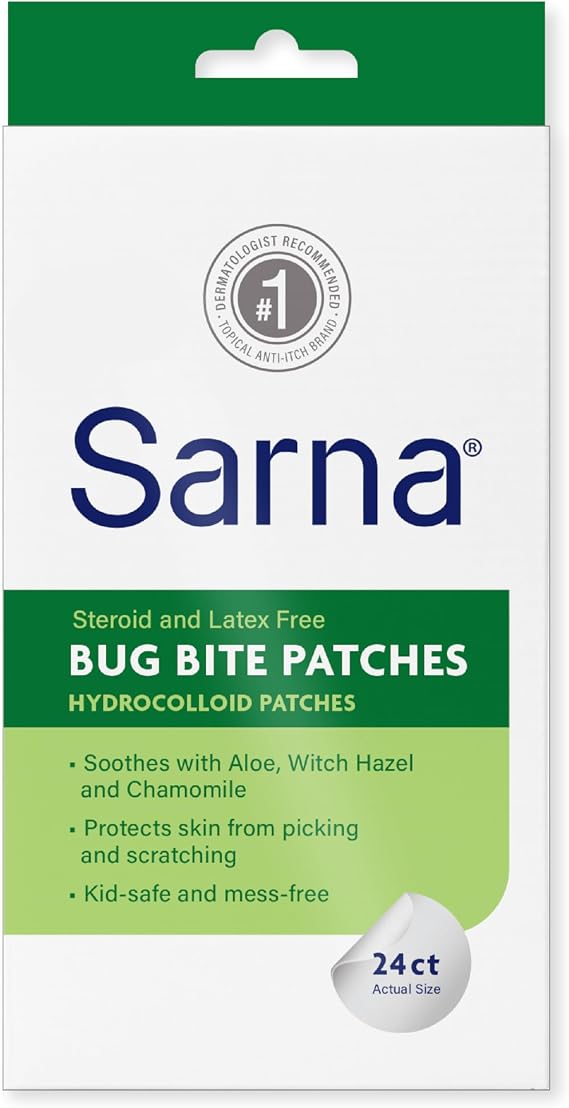 Sarna Bug Bite Patches - Peel and Stick Hydrocolloid Patches with Aloe, Witch Hazel and Chamomile - Kid-Safe, Vegan, Steroid-Free, Latex-Free, Single-Use Patches, TSA- Friendly, 24ct 2