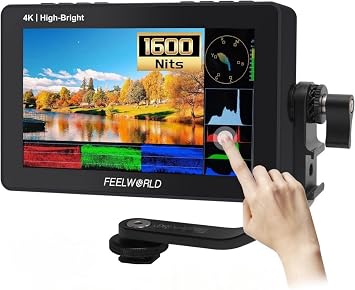 FEELWORLD F5 PROX 5.5 Inch 1600nit High Bright Camera Field Monitor DSLR, 4K Touch Screen 1920x1080 HDMI 3D LUT 5V Type-C Power Supply FHD Peaking Focus Video Monitor with Battery 12V Adapter Tilt Arm
