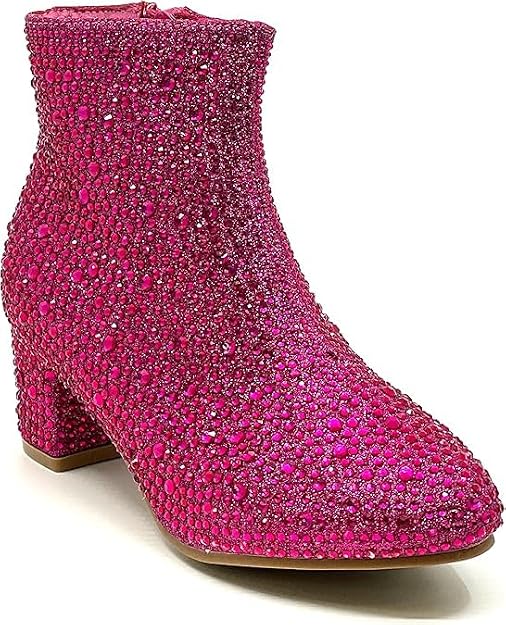 Forever Girls Rhinestone Boots Kids Low Heel Dress Booties Iceberg-12K Shoes Fuchsia Rhinestone 11