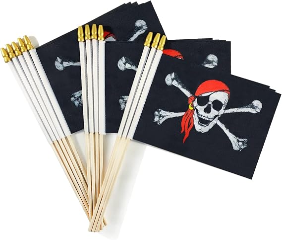 Newperlite Pirate Jolly Roger Stick Flag with Red Bandana Small Mini Hand Held Flags - Solid Wooden Pole and Spear Top,12 Pack, 5x8 Inches