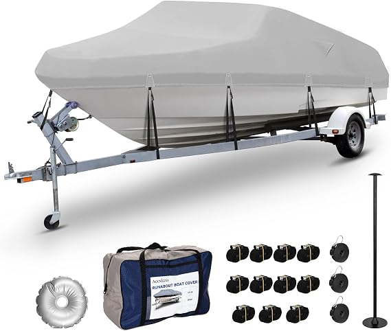 Boat Cover Heavy Duty 600D Waterproof Trailerable Runabout Boat Covers UV Resistant Marine Grade Mooring Cover with Support Pole Fits V-Hull,Tri-Hull,Fishing Boat,Bass Boat 20'-22'