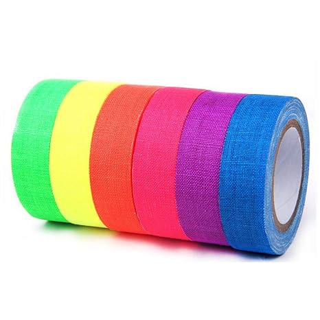 Xindejia UV Blacklight Reactive Fluorescent Cloth Tape Glow in The Dark Neon Gaffer Tape Birthday Christmas Party Supplies.Each roll is 0.6 inch x 16.5 ft (6-Pack)