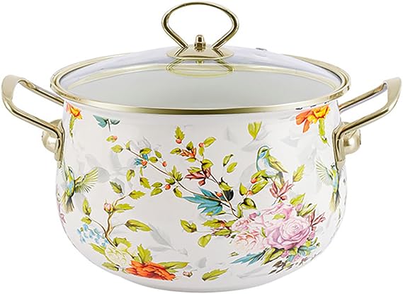 Vintage Enamel Stockpot With Lid, Large 5.5 Liters Nonstick Saucepan, Flower Enamel on Steel Cooking Pot, Thicken Soup Pot With Handles, 18CM