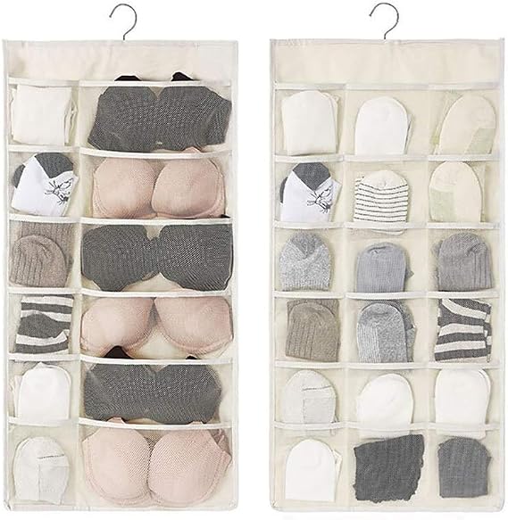 Closet Hanging Organizer with Mesh Pockets & Rotating Metal Hanger,Dual Sided Wall Shelf Wardrobe Storage Bags,Oxford Cloth Space Saver Bag for Bra Underwear Underpants Socks (white)