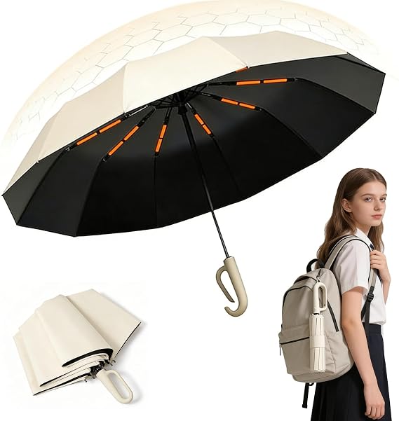 Umbrella with Hook Handle, Compact 12 Ribs UV Umbrellas Women Men