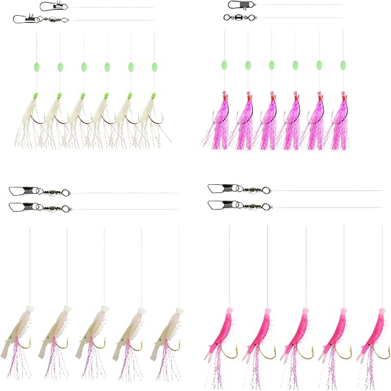 4 Pack Set Mackerel Cod Feathers Sea Fishing Rig 6 Hook Size 2/0 Shrimp Jigs Pier Boat Lure Herring Pollock Whiting Pre Tied 10 Hooks Flashes Luminous Bead Prawn Shrimp Glow Green Pink Purple Red