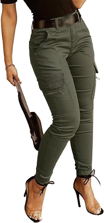 Flamingals Skinny Cargo Pants for Women Mid Waist Casual Slim Fit Multi-Pocket Cargo Jogger Hiking Pants with 6 Pockets
