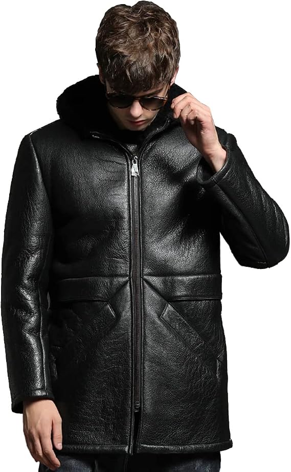 Men's Real Lambskin Sherpa Faux Fur Lined Winter Warm Hooded Mid- Length Leather Trench Coat (US, Alpha, Large, Regular, Regular, A27- Black Hoodie Faux Fur Shearling Leather Coat)