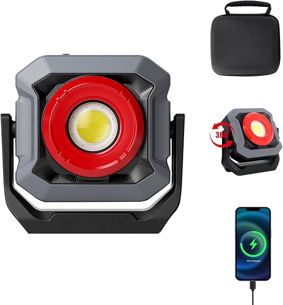 LED Work Light 1500LM Rechargeable Floodlight with Hook, IPX65 Waterproof, 360 Rotating Job Site Lighting for Car Repair, Camping, Emergency, Working, Construction (18 Lighting Modes)