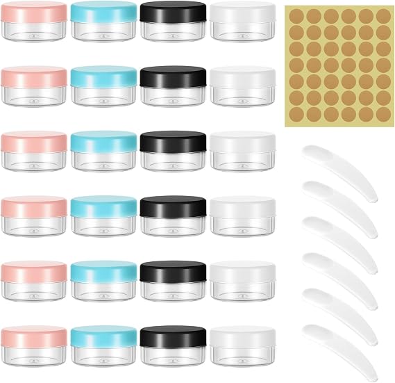 24pcs 5ml Empty Sample Pots Cosmetic Travel Pots Small Containers Jars with Lids and 10 Spatulas Mini Plastic Container for Cream Travel Cream Pot for Cosmetics Lip Balm Make-Up Toiletries Glitter