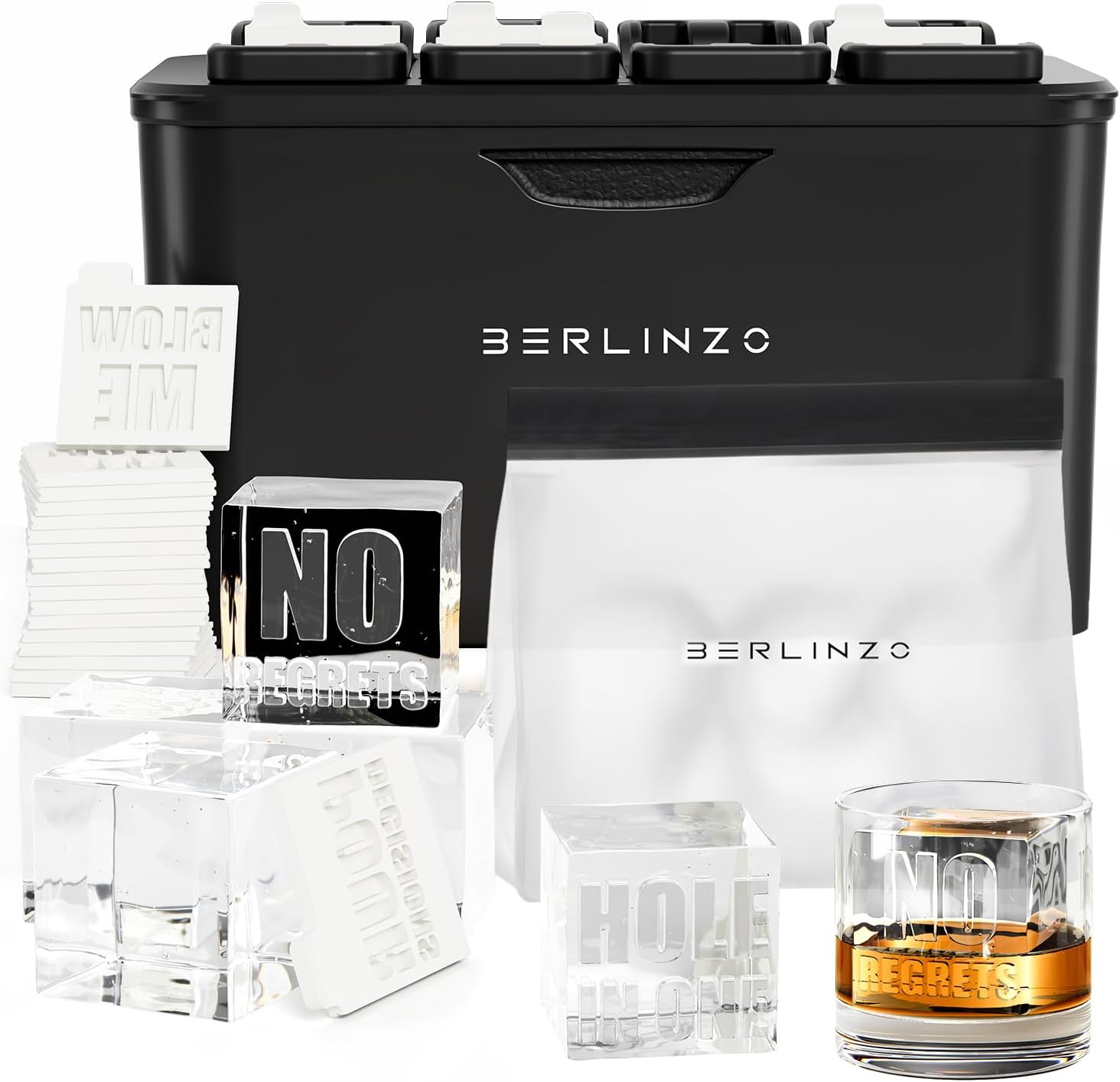 Berlinzo Premium Clear Ice Cube Maker Mold with Ice Storage Bag XL - 8 Large 2.1 Crystal Clear Ice Cubes - Easy-to-Remove Ice Square Mold - Storage Bag Included, Black Non-Electric Ice Maker