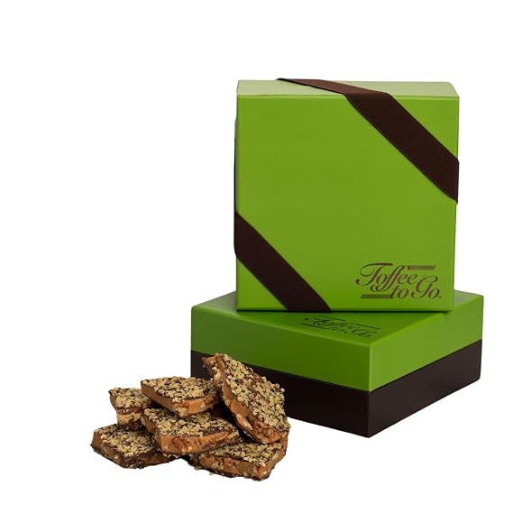 Toffee to Go Dark Chocolate Pecan Toffee 1 lb Signature Green Gift Box | Hand Crafted | Gluten Free | No Added Preservatives | Delicate Crunch