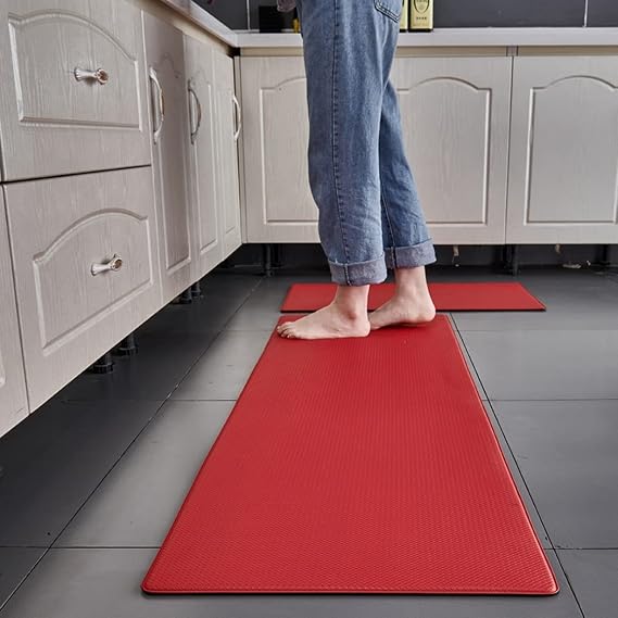Braiton Kitchen Mat Comfort Anti-Fatigue Floor Mat Thick Waterproof Washable Non Slip Rubber Padded Kitchen Sink Mats 2 PCS Heavy Duty Comfort Standing Mats,Red,45X75cm+45X150cm