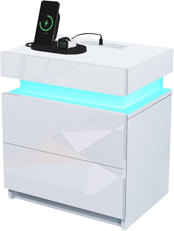 White LED Bedside Table Charging Station High Gloss 2 Drawers Flip Top | UK Plug and 2 USB Ports, 16 Colour RGB Lighting, Adjustable Brightness, Hidden Storage Compartment, Space Saving Design