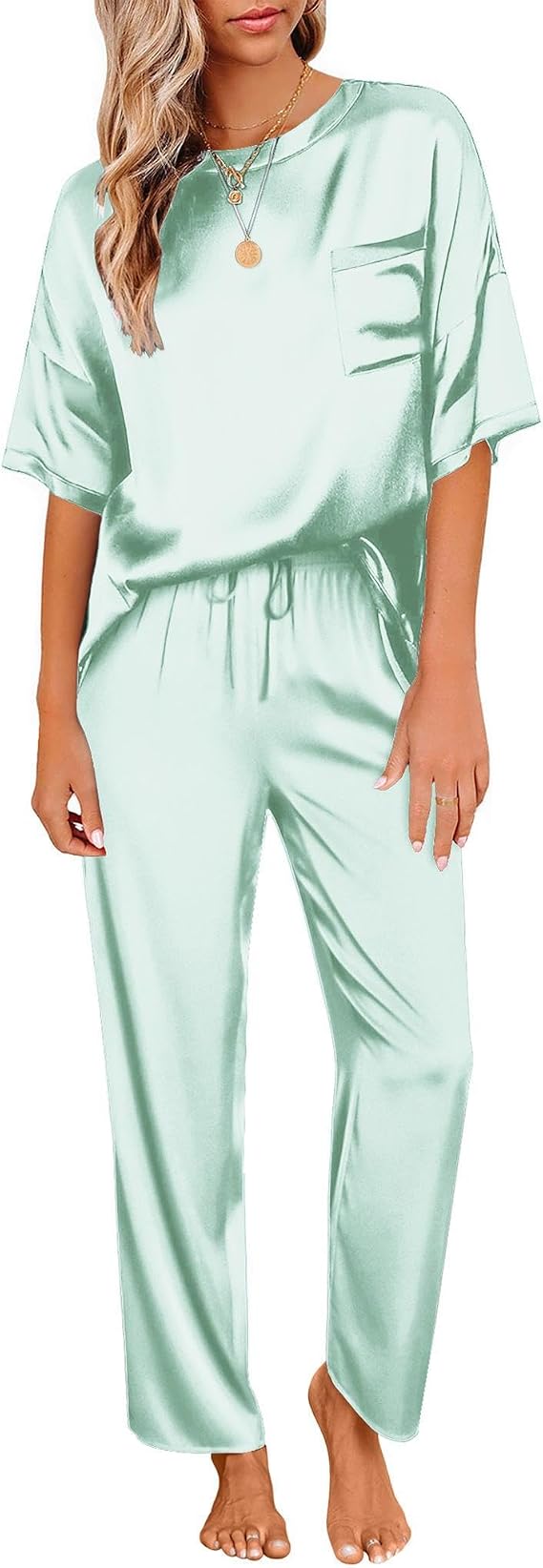 Ekouaer Pajamas for Women Set Silky Satin 2 Piece Lounge Sets with Pockets