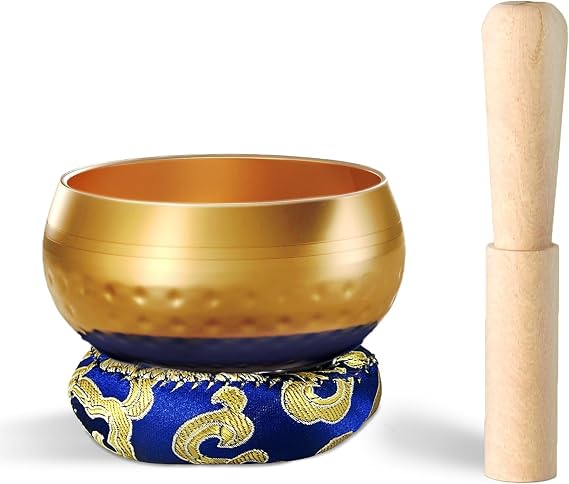 REGIS Tibetan Singing Bowl Set ， Mindfulness, and Stress Relief zen decor，Bowl Handcrafted in Nepal for Healing and Mindfulness(gold, 3 inch)