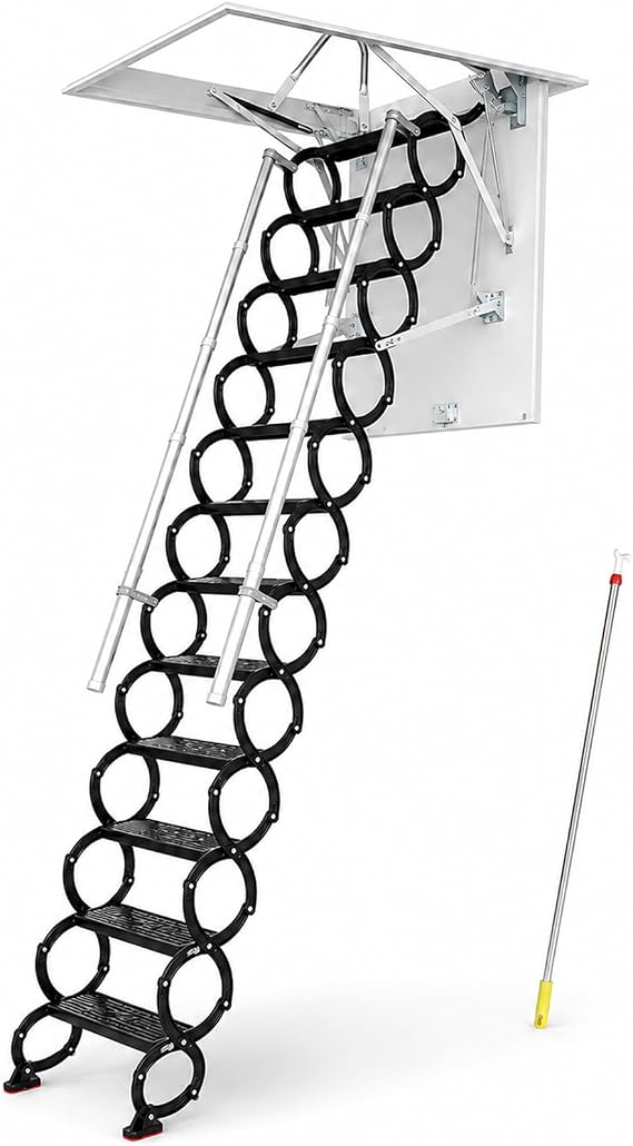 Ceiling Mount Attic Ladder, Retractable Attic Ladder Ceiling Pull Down System, 12 Steps Folding Loft Step with Armrests, Hidden Mount Attic Extension Stairs for Garage(Black, Step 12)