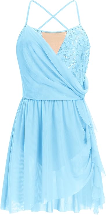 IBAKOM Lyrical Dance Dress Women Glitter Flower Sequin Contemporary Dance Outfits Open Back Chiffon Skirt Ballerina Dress