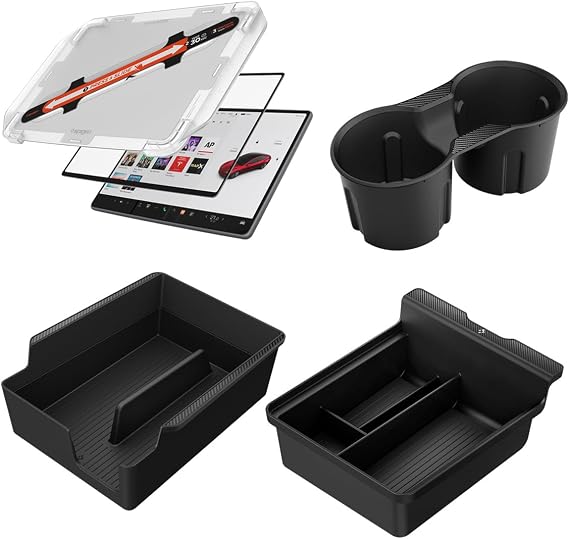 Spigen Tesla Bundle - Screen Protector & Centre Console Organiser Tray & Armrest Centre Console Organiser Tray & Centre Console Cup Holder Insert for Tesla Model Y 2020-2024 and Model 3 2021-2023