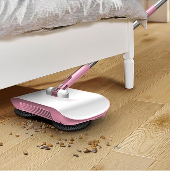 Manual Vacuum Sweeper, 180 Degree Rotating Push Vacuum Non Electric Floor Sweeper, 2 in 1 Manual Sweeper for Carpet and Floors(Pink)