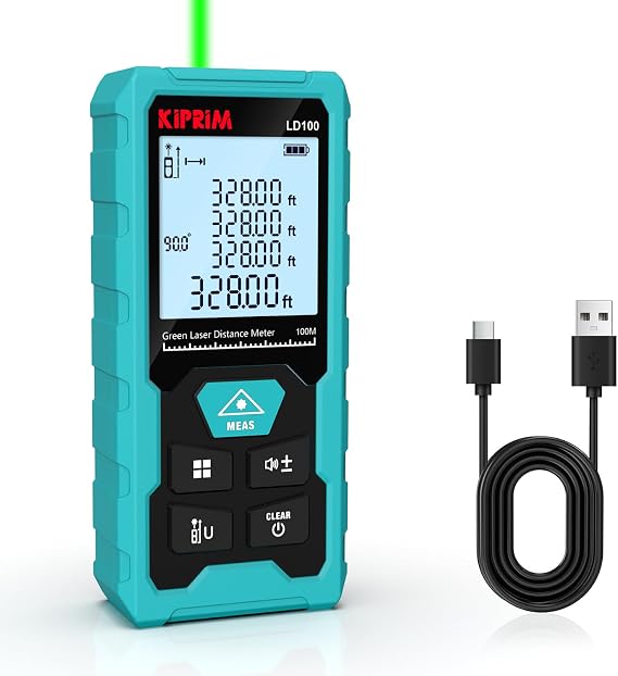 Kiprim LD100 Green Laser Distance Meter,328ft,Rechargeable,Electronic Level