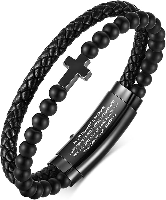 VNOX Mens Cross Bracelet Gift for Men - Double-Row Black Braided Leather Bracelets for Men,Stainless Steel Bible Verse Jewelry With Black Onyx Beads Bracelets Religious Christmas Gifts for Christian