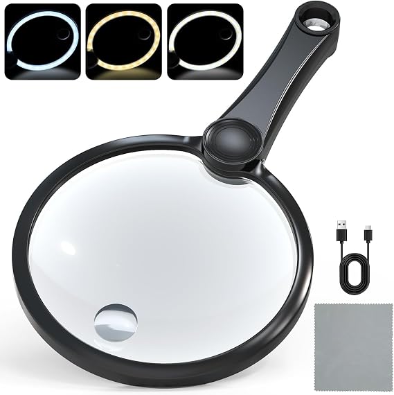 IMICHI Large 5.12" Handheld Magnifying Glass 10X/20X Lens with Eye-Care Anti-Flicker LEDs 3 Adjustable Light Modes, Rechargeable Perfect for Seniors, Low Vision, Reading, Crafts, Jewelry Repair