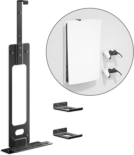 Upgraded Adjustable Console Holder Wall Mount for PS5: Black Gaming Stand for PlayStation 5/PS5 Slim/Pro Digital Disc Edition With 2 Controller Kits black