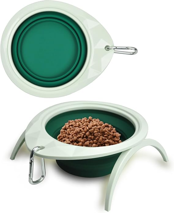 2025 New Portable Collapsible Travel Dog Bowl with Foldable Stands, Folding Pop Up Silicone Pet Bowls with Carabiner Clip, Food and Water Feeding Dish for Walking, Hiking, Camping (Green)