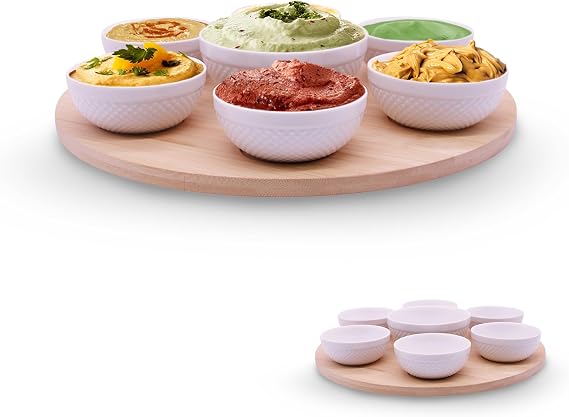 Rotating Bamboo Serving Tray with 6 Small Ceramic Condiment Bowls and 1 Larger Center Bowl - Lazy Susan Style Elegant Serving Set for Dips, Snacks, Appetizers, and More