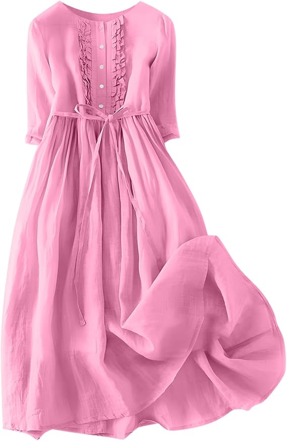 Summer Linen Dresses Women 2024 Trendy Casual Button Blouse Dresses V-Neck 3/4 Sleeve Midi Dress High Waist Sundress