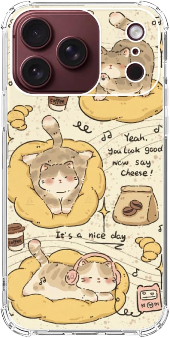 iPhone 18 Pro Max用かわいい黄色い猫とコーヒーのスマホケース