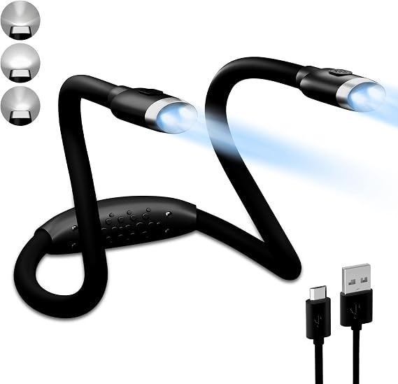 LEDBOLIK Neck Reading Light Black, 800mAh Rechargeable Book Light for Reading in Bed 6 Brightness, Bendable Arms, Hands Free for Knitting, Crocheting