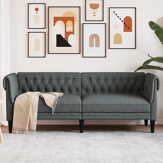 Chesterfield Sofa 3-Seater Dark Gray Fabric Upholstered Living Room Couch with Padded Comfort for Relaxing Reading Watching TV Modern Home Furniture