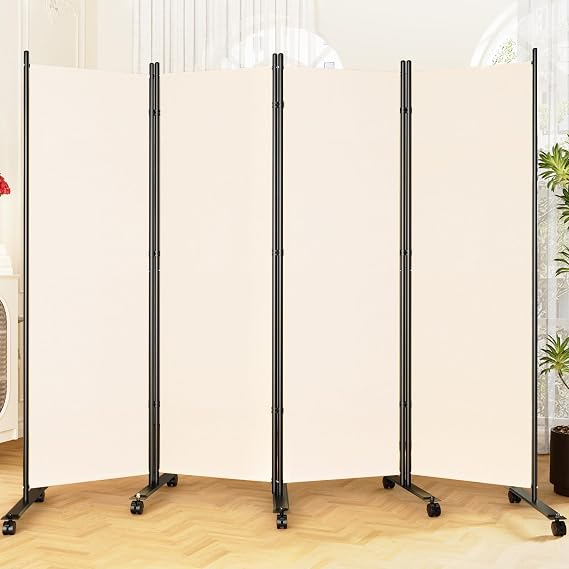 SUNALLY Room Divider Privacy Screens, 4 Panels Dividers with Wheels, Beige | 88" W Room Separator for Space Partition with Lockable Wheels, 6FT Folding Fabric Wall Dividers for Home Dorm Studio Office