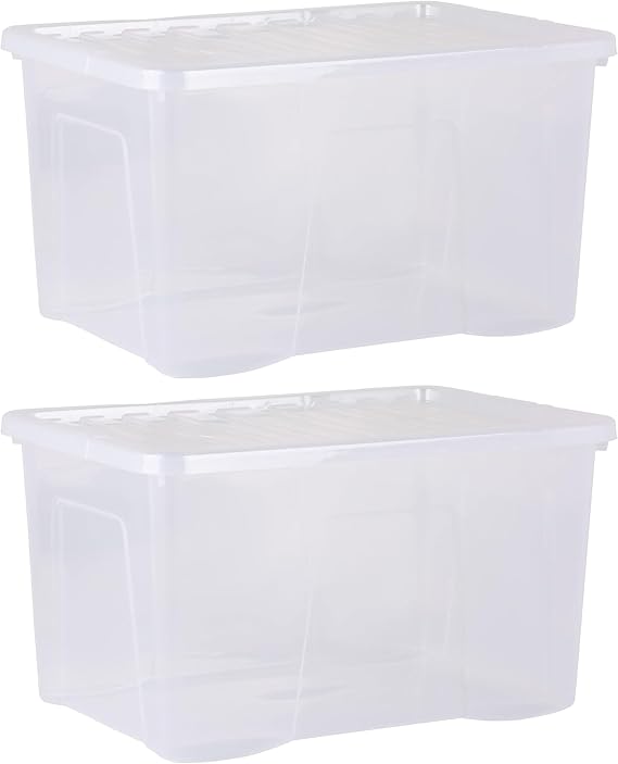2-Pack x 60L Stackable Plastic Storage Boxes with Lids – Large Crystal-Clear Storage Bins for Home, Office, Garage, Toys, Clothes & More – Durable, Stackable, Space-Saving Organization Containers