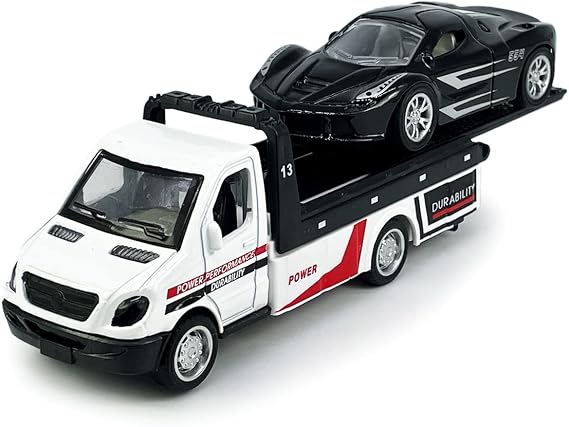 Flatbed Truck Toy Rescue Tow Truck Transport Trailer Car Carrier Metal Diecast Pull Back Vehicles 2 in 1 Vehicle Playset Toy Trucks for Boys Kids Toddlers Cake Topper Birthday Gifts for Age 3 4 5 6