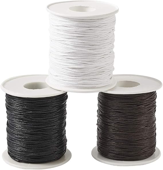 Craftdady 3 Rolls of 1mm Waxed Cotton Cord 300 Yards Beading Thread String for Jewelry Making Crafting (Black/White/Coconutbrown)