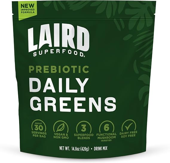 Laird Superfood Prebiotic Daily Greens Powder Essential Vitamins & Minerals - Prebiotic Fiber, Adaptogen and Fruits & Vegetables Supports Gut Health Non-GMO, Vegan - 14.8 oz Bag, Pack of 1