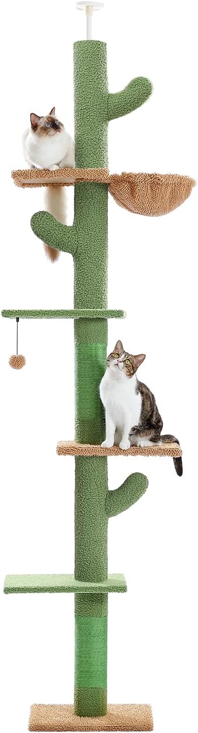 PAWZ Road Cactus Cat Tree Floor to Ceiling 5-Tier Cat Tower for Indoor Cats | Adjustable Height 239-275cm, Cat Climbing Tree with Cozy Hammock, Sisal Scratching Posts and Replaceable Dangling Balls